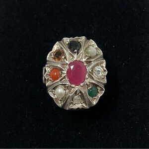 Sterling Silver Large Navratna Gemstone Ring